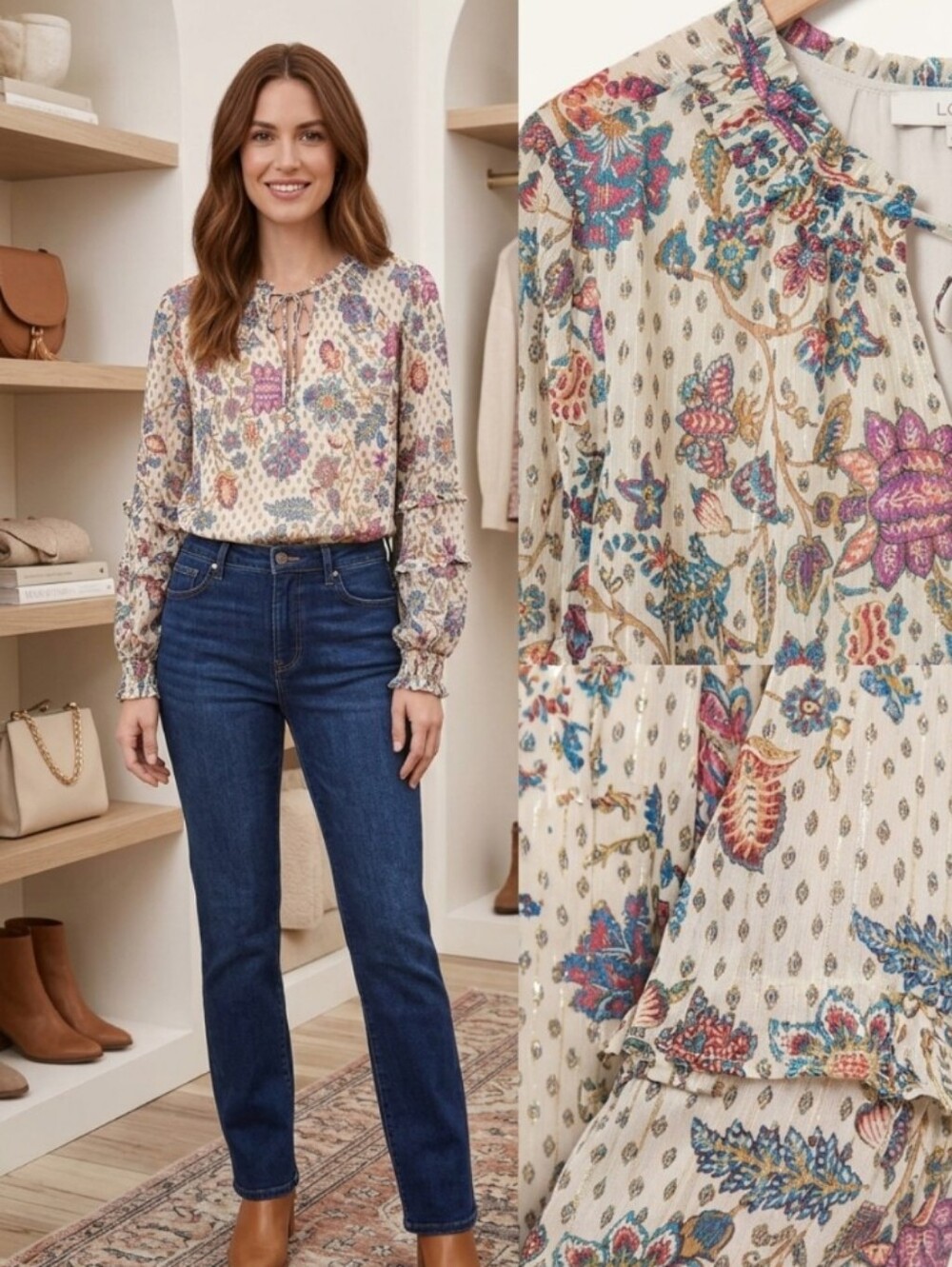 LOFT Cream Floral Tie-Neck Peasant Blouse Size L